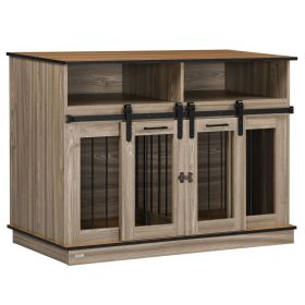 PawHut 2-In-1 Large/Small Dog Crate Table with Removable Wall, Dog Crate Furniture with Shelving & Sliding Doors, 47" x 23.5" x 35", Oak
