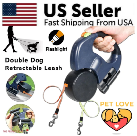 Dual Pet Leash Retractable Reflective Lead 360 Swivel Double Dog Walking Leash (Color: Navy)